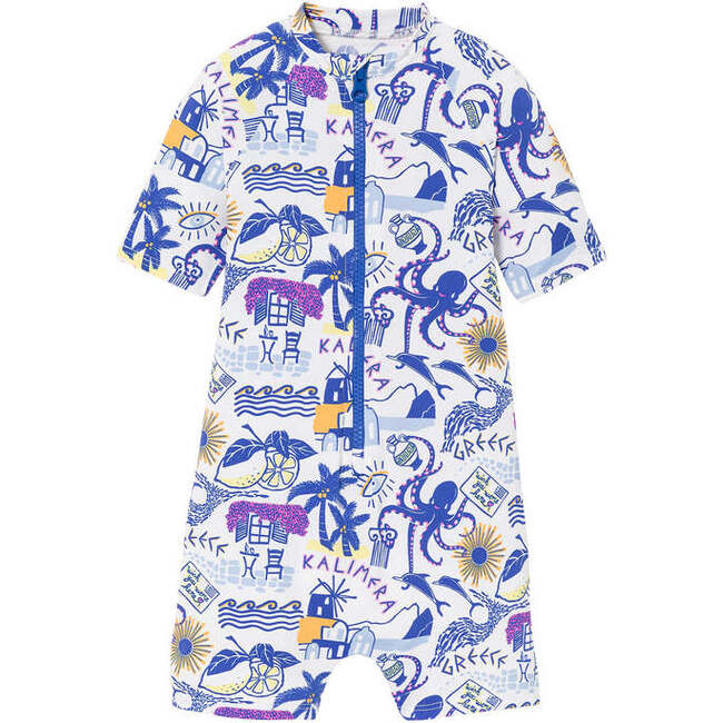 Baby Boys Paros Surfer UPF50+ Short Sleeve Swimsuit, Greek Pattern