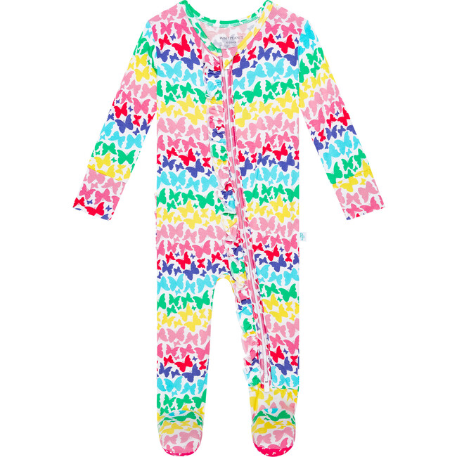 Rainbow Butterfly Footie Ruffled Zippered One Piece, White