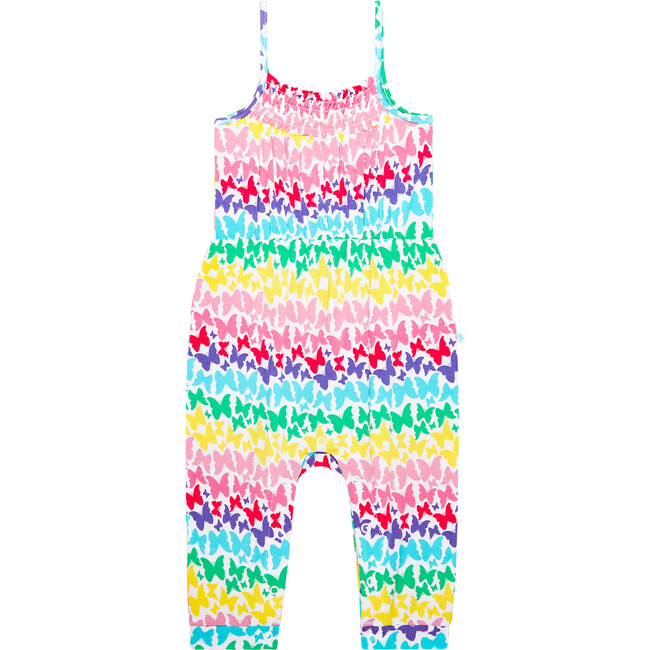 Rainbow Butterfly Smocked Spaghetti Jumpsuit with Snaps, White