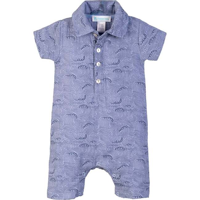 Classic Polo Collared Romper, Stormy Waves On Periwinkle