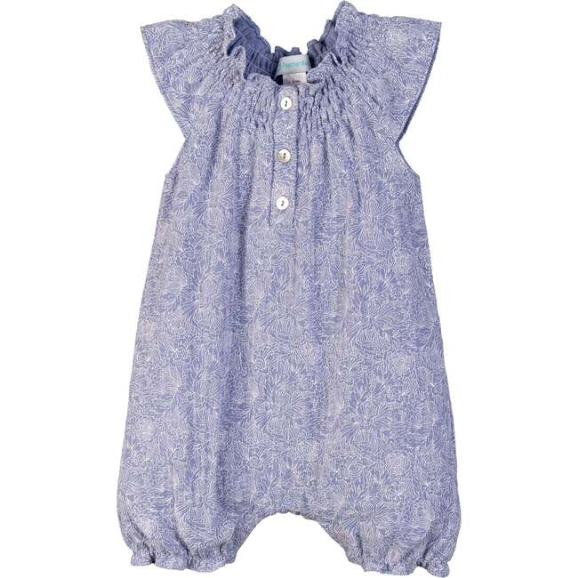 Henley-Style Angel-Sleeve Romper, Sylvia Floral On Periwinkle