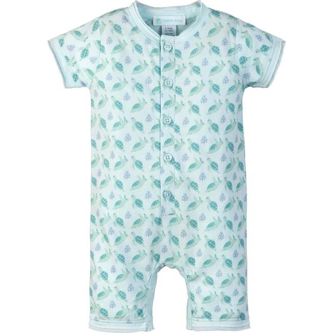 Henley-Style Relaxed Fit Romper, Leatherback Turtles On Aqua