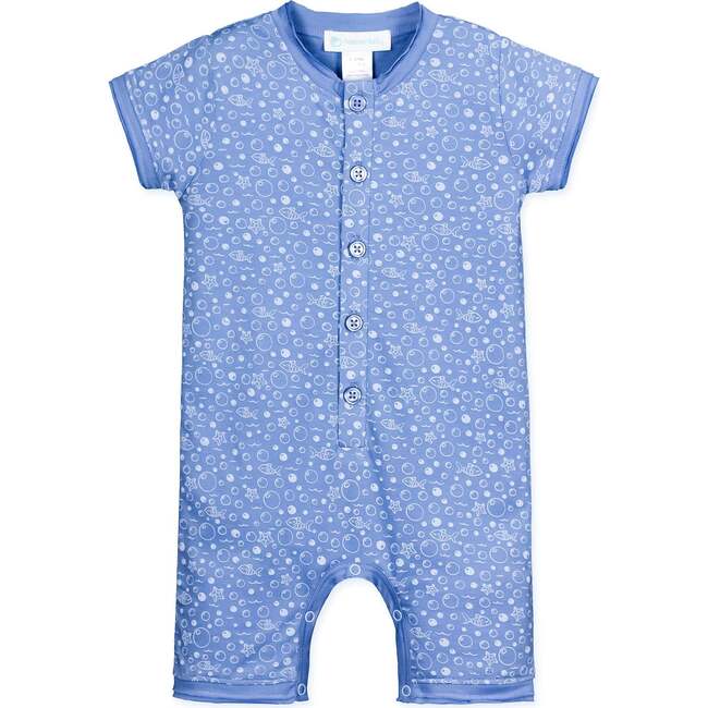 Henley-Style Relaxed Fit Romper, Fish Bubbles