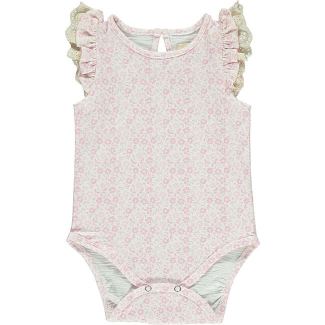 Amber Ruffle Sleeve Lace Trim Onesie, Pink Ditsy Floral