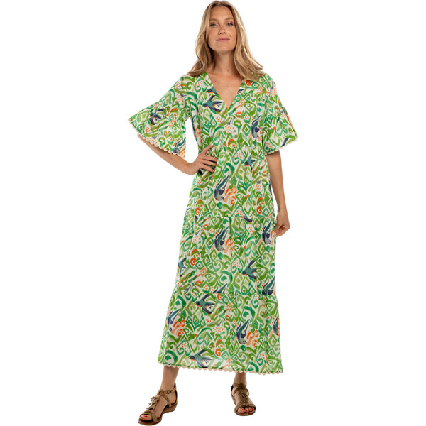 Women's Jules V-Neck Short Bell Sleeve Maxi Dress, Lovebird - Bindu ...