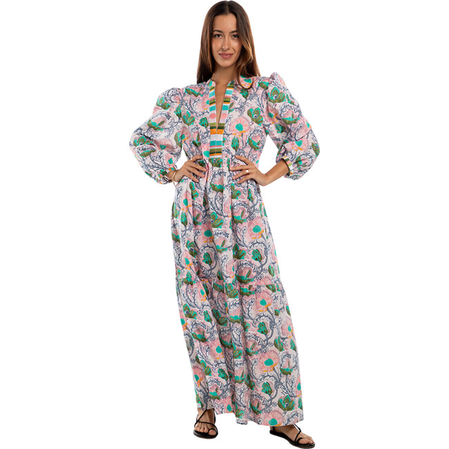 Women's Lucy Long Puff Sleeve Tunic Maxi Dress, Pink & Multicolors