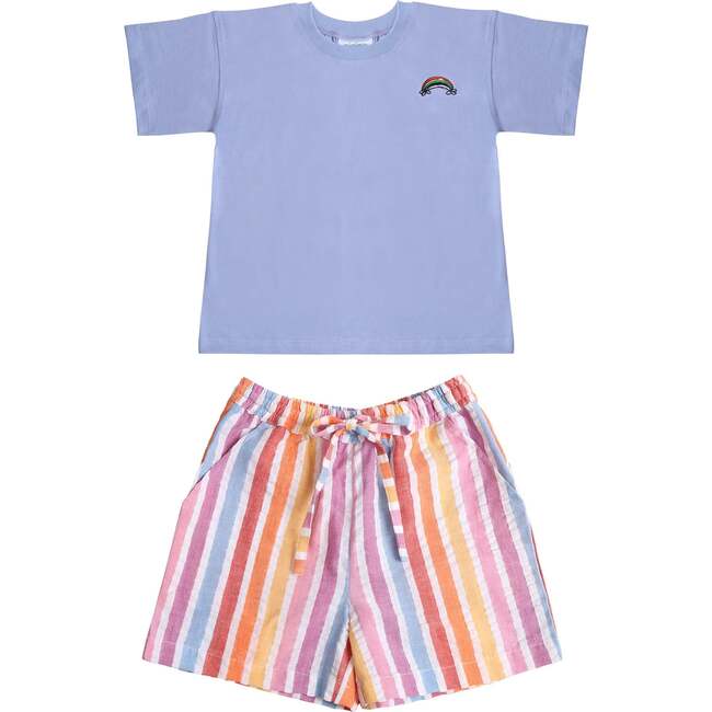 Rainbow Short Sleeve T-Shirt & Bermuda Shorts Set, Blue & Rainbow