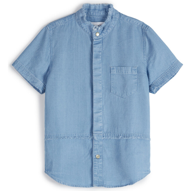 Tomé Mandarin Collar Short Sleeve Button-Up Shirt, Light Denim