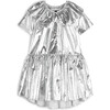 Graça Shinny Round Collar Short Sleeve Dress, Silver - Dresses - 1 - thumbnail