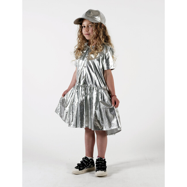 Graça Shinny Round Collar Short Sleeve Dress, Silver - Dresses - 6