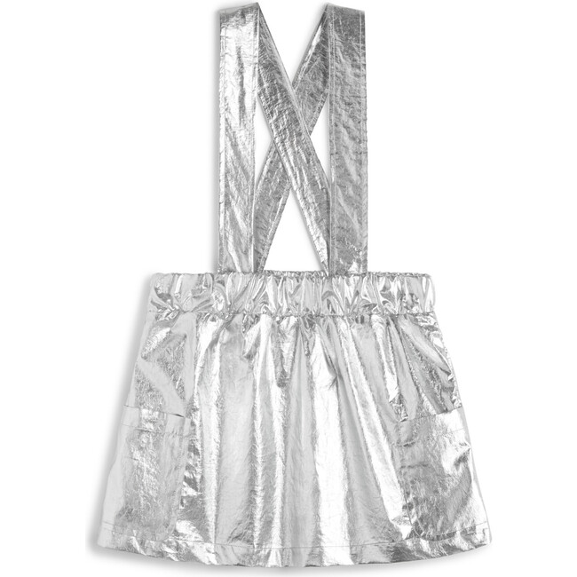 Celina Shinny Shoulder Straps Mini Skirt, Silver