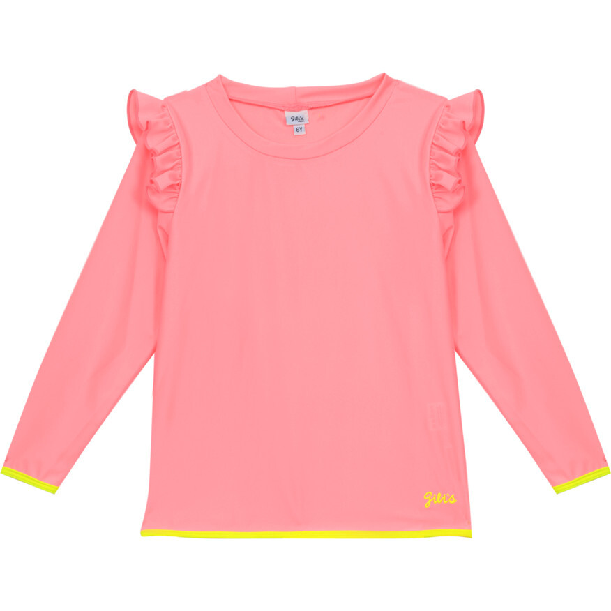 Girls Long Sleeves Rash Guard, Neon Pink - Rash Guards - 1