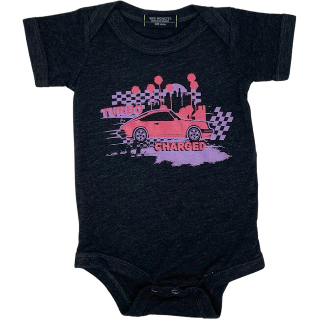 Turbo Charged Print Envelope Neck Snap Button Baby Onesie, Heather Black