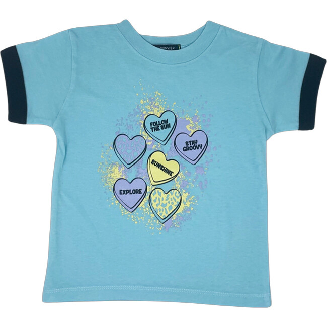 Hearts Print Round Neck Short Sleeve Washed Tee, Blue