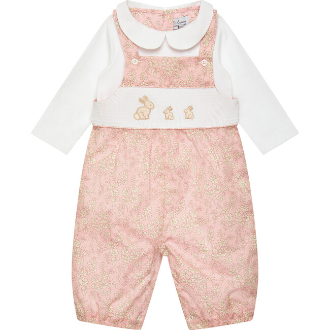 Little Liberty Print Capel Bunny Smocked Dungaree, Pink Capel