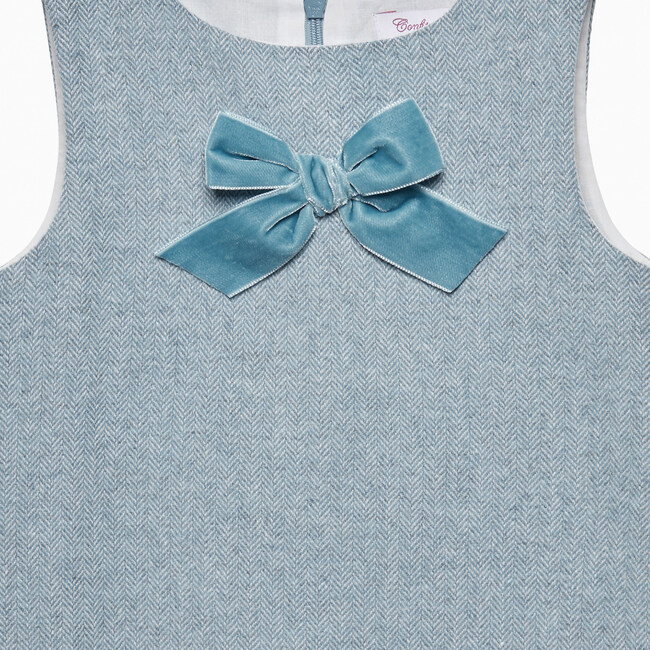 Georgina Bow Pinafore Dress, Blue Herringbone - Dresses - 3