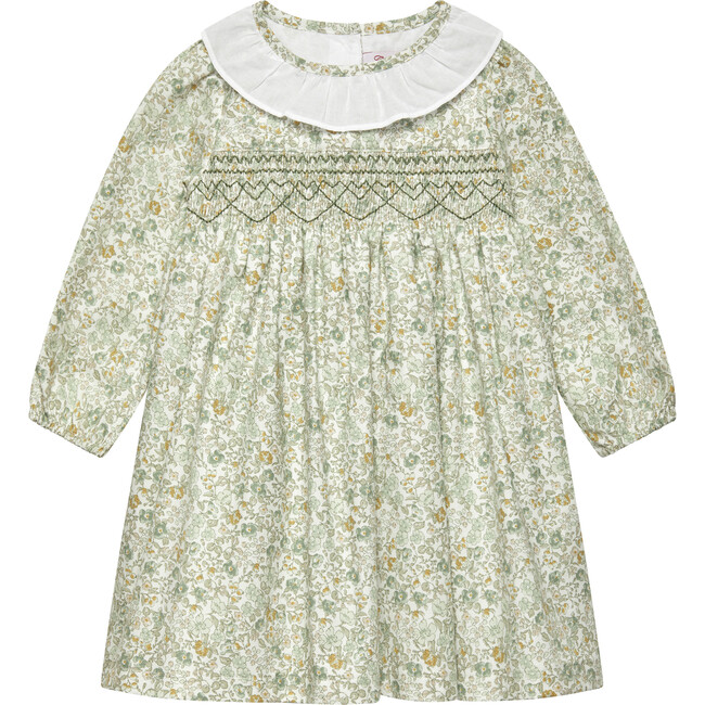 Little Bella Floral Willow Collar Long Sleeve Smocked Dress, Green