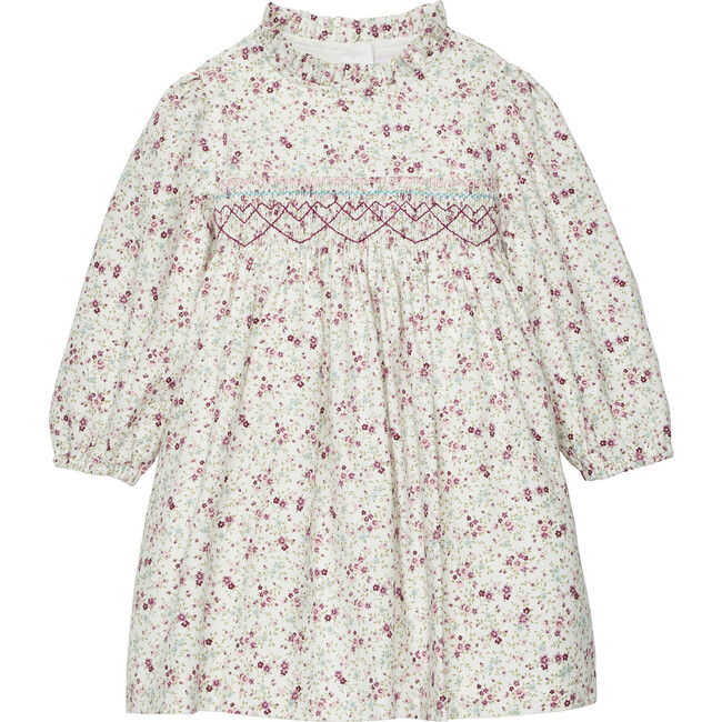 Little Edie Floral Frill Collar Long Sleeve Dress, Pink & Lilac Floral