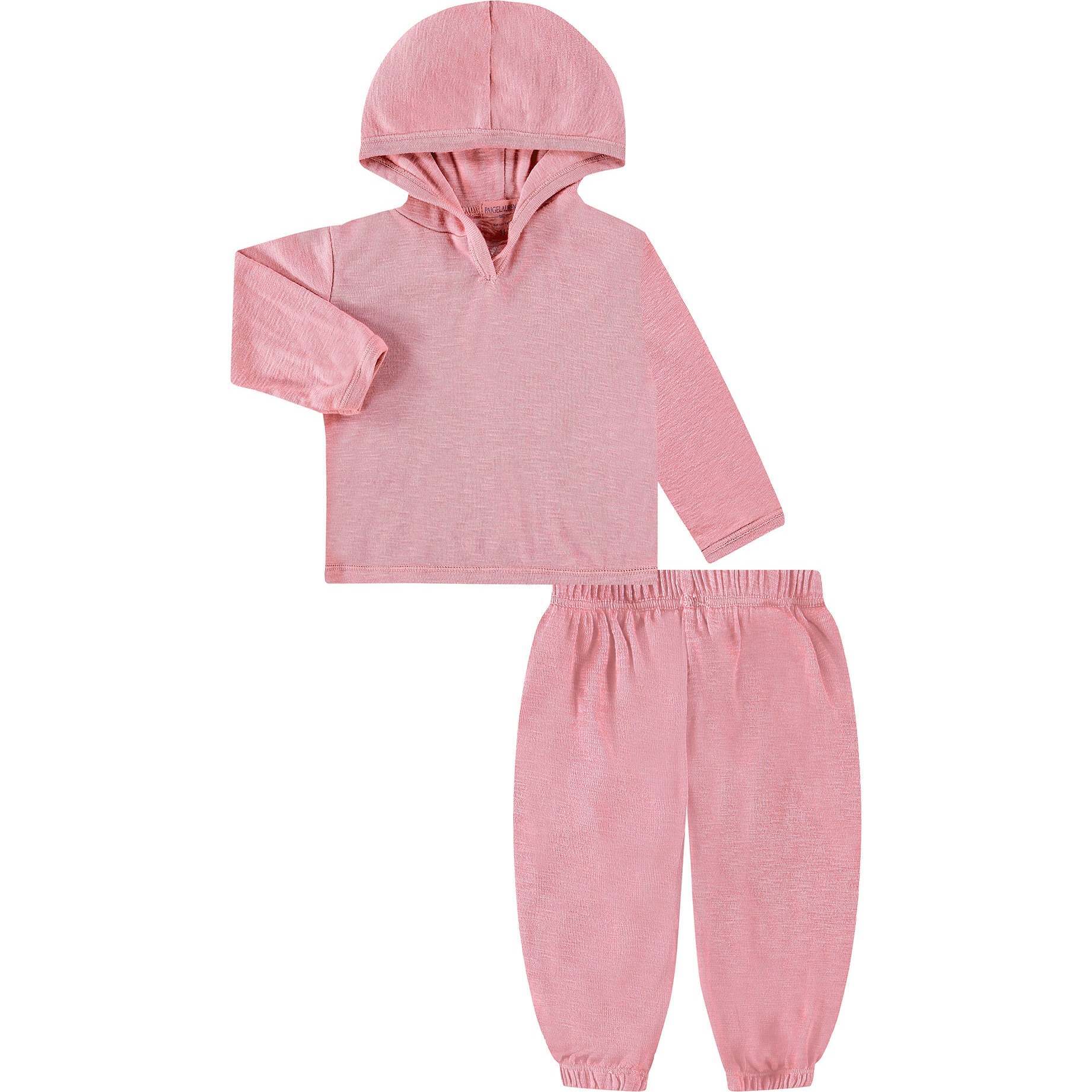 Toddler Slub Rib Organic Over Dye Hoodie and Balloon Pant Loungewear Sets, Pink - Mixed Apparel Set - 1