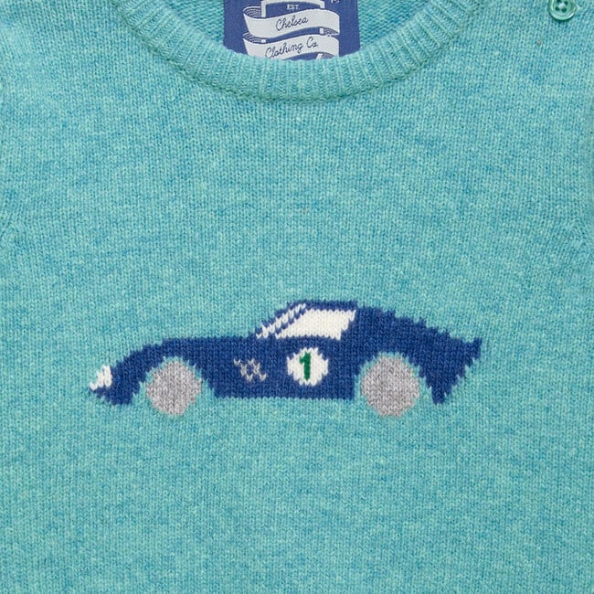 Little Sebastian Car Sweater, Sea Green - Sweaters - 3