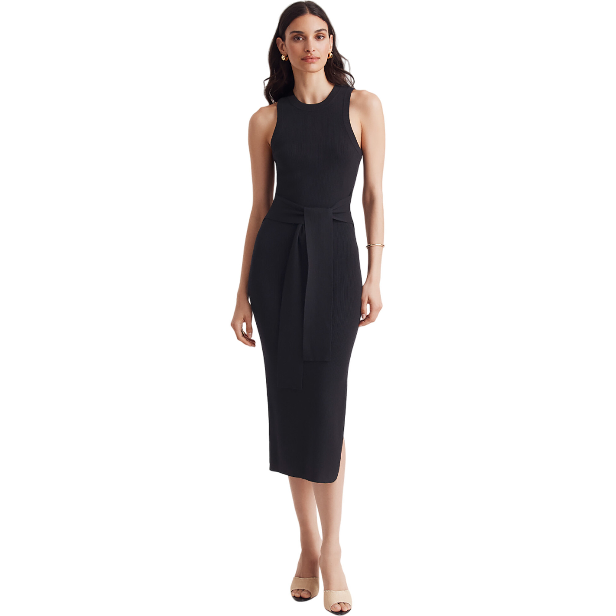 Women's Piper Ribbed Sleeveless Tie Front Midi Dress, Jet - Dresses - 1
