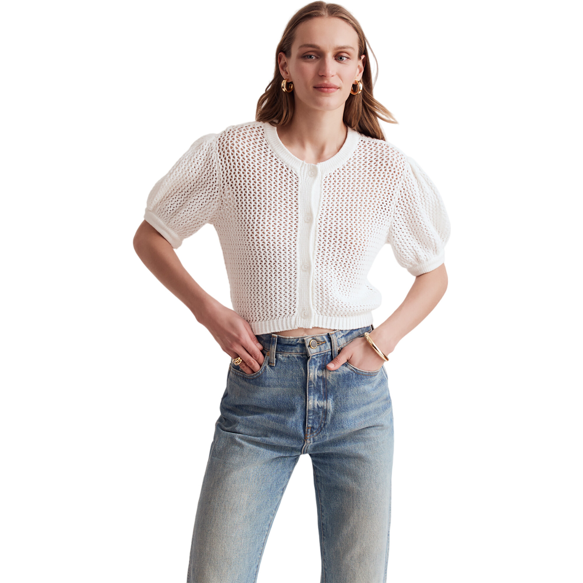 Women's Samantha Crochet Puff Sleeve Cropped Cardigan, Optic - Cardigans - 1