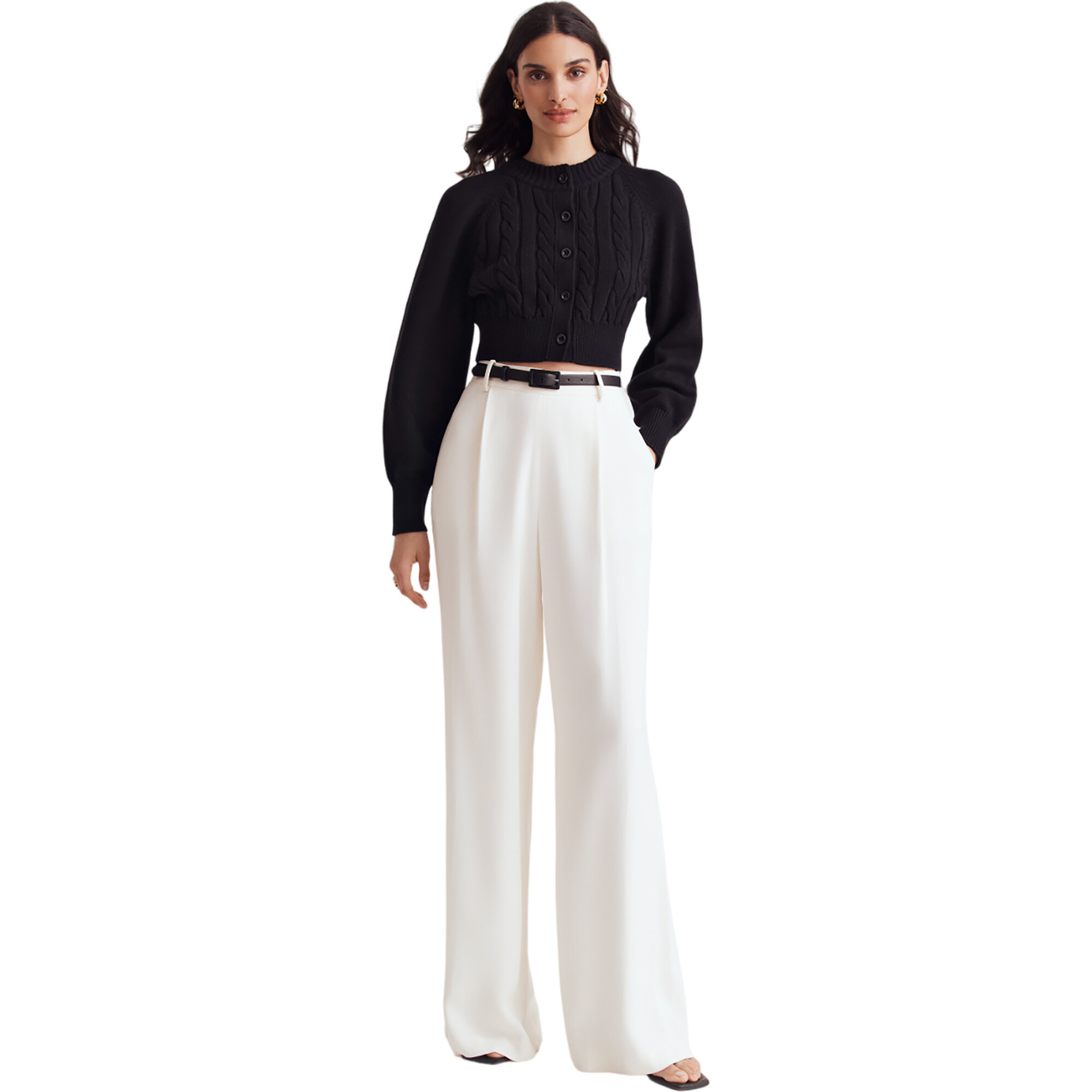Women's Rita Cashmere Blouson Sleeve Cropped Cardigan, Jet - Cardigans - 1