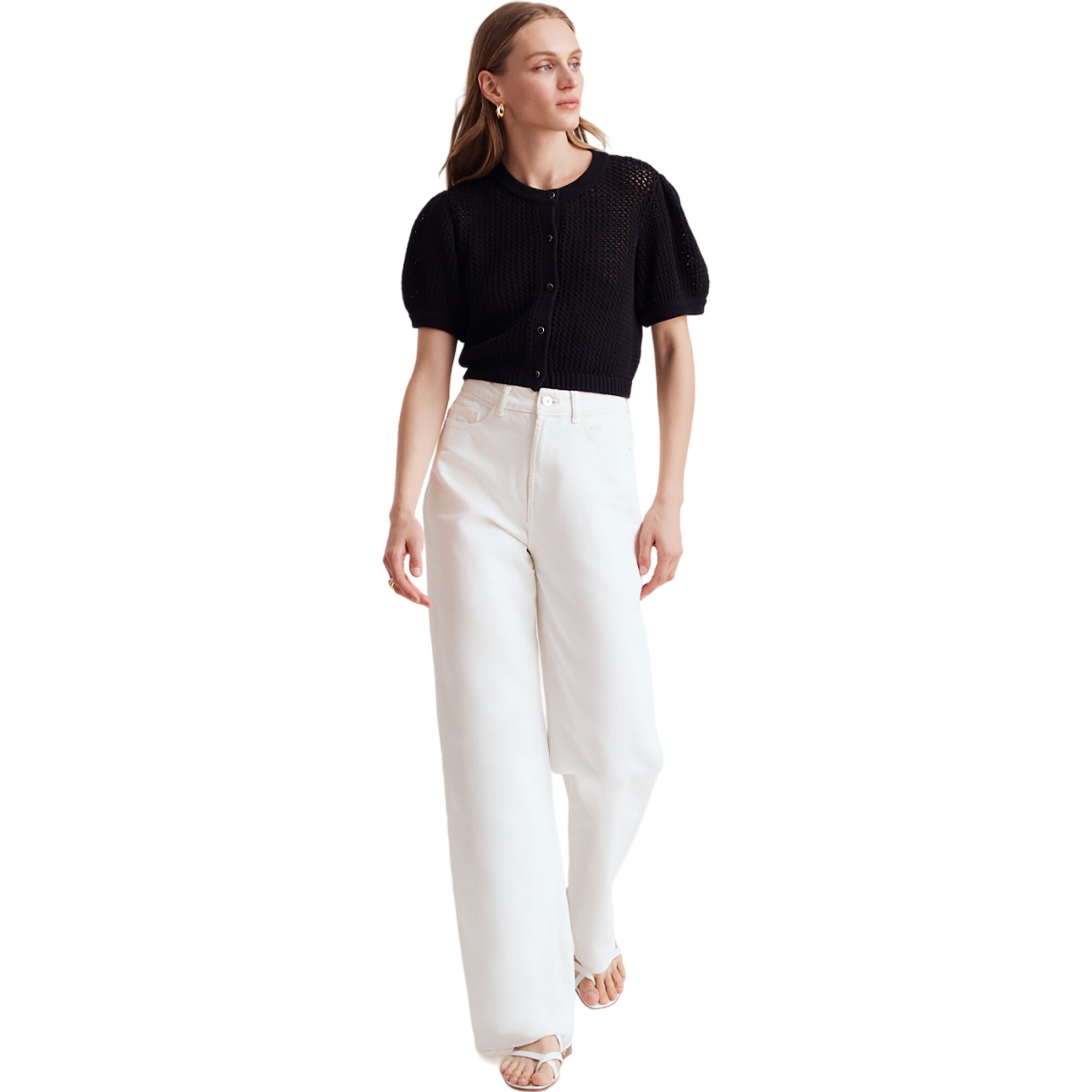 Women's Samantha Crochet Puff Sleeve Cropped Cardigan, Jet - Cardigans - 1