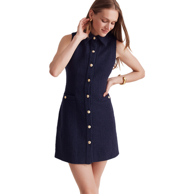 Women's Sophia Boucle Tailored Button-Up Mini Dress, Navy - Dresses - 2
