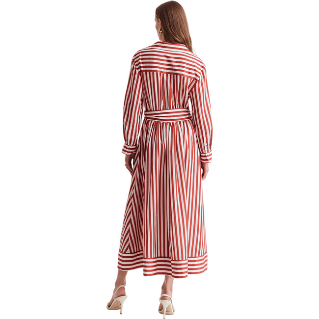 Women's Eva Striped Sash Belt Relaxed Fit Shirt Dress, Rust - Dresses - 2