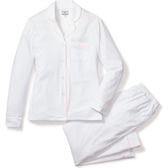 Women's Pima Cotton Pajama Set, White with Pink Piping