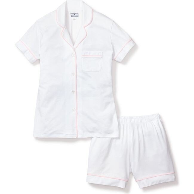 Women's Pima Cotton Short Set, White with Pink Piping