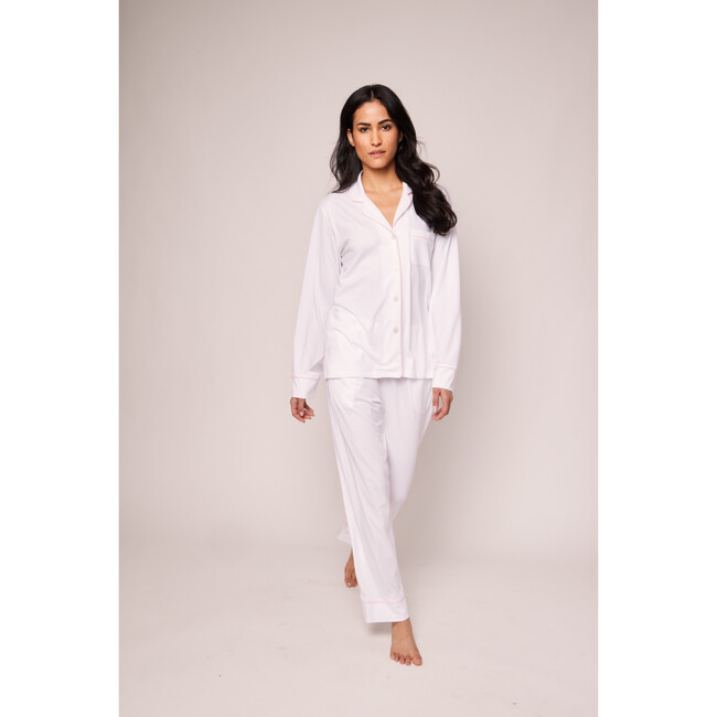 Women's Pima Cotton Pajama Set, White with Pink Piping - Pajamas - 4