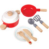 Little Chef Cook & Serve Set - 8pc Red & White, Wooden Kitchen Toy Playset - Play Food - 2