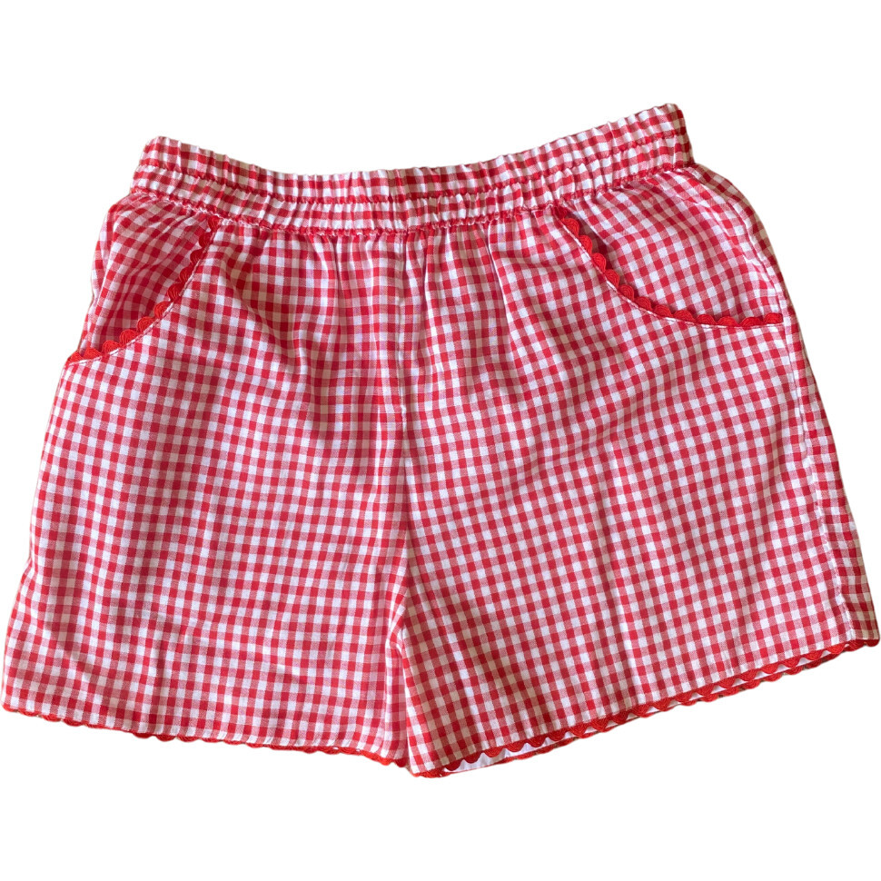 Strawberry Fields Gingham Embroidered Shorts, Red - Shorts - 1