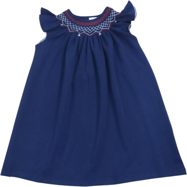 Stars & Stripes Embroidered Collar Butterfly Sleeve Smocked Dress, Navy