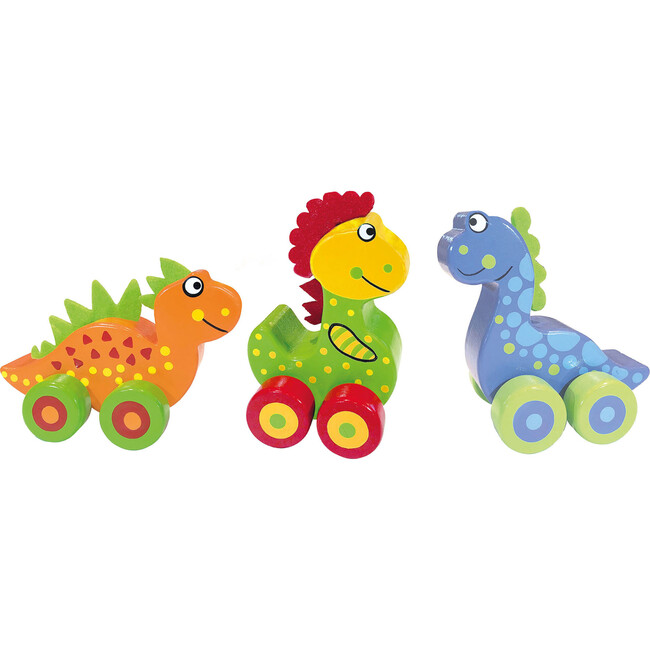 Orange Tree Toys: First Dinosaurs - 3 Hand Painted Wooden Dinos On Wheels
