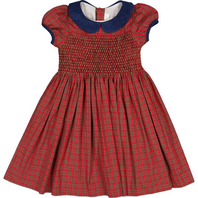 Angelica Short Sleeve Tartan Smocked Dress, Red - Dresses - 1