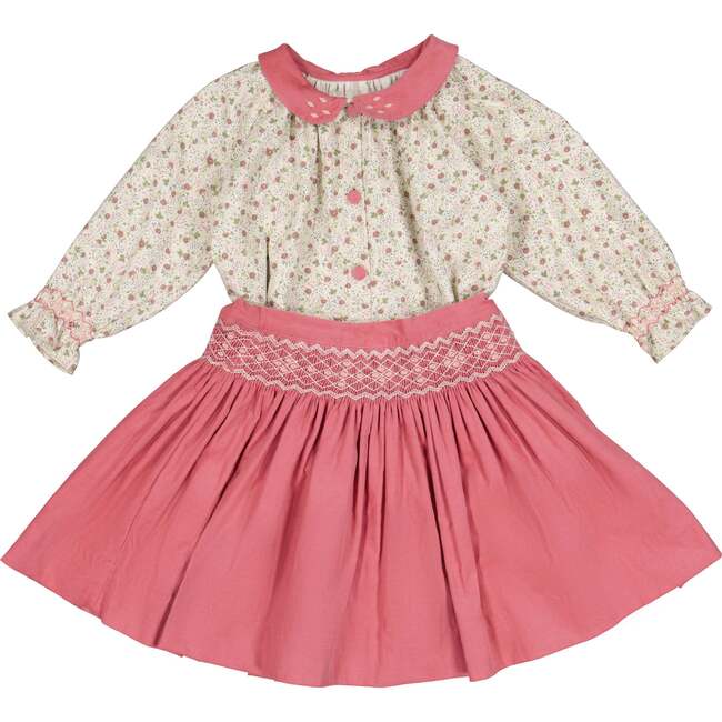 Marie Floral Print Smocked Corduroy Skirt & Blouse, Pink