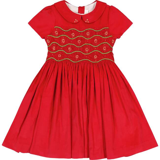 Stella Short Sleeve Corduroy Smocked Dress, Red - Dresses - 1