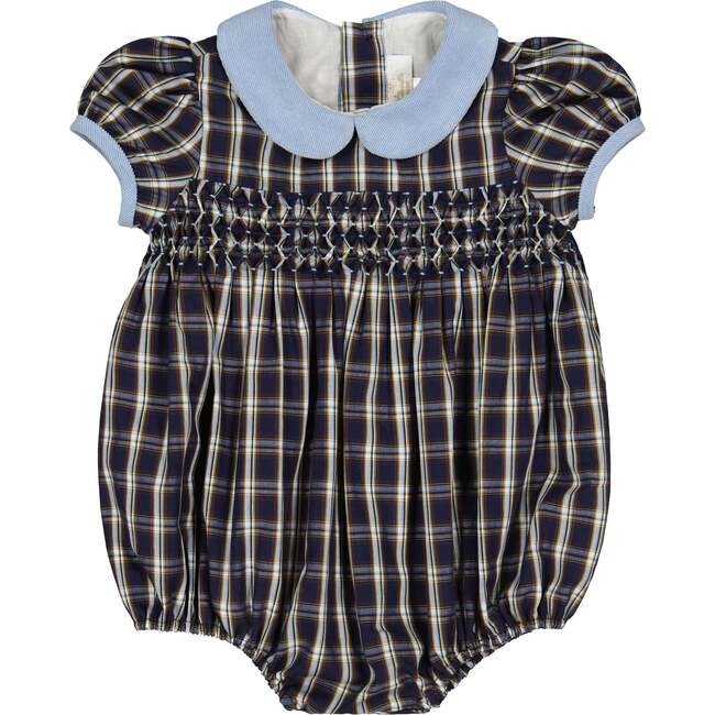 Angelica Short Sleeve Tartan Smocked Bubble, Navy