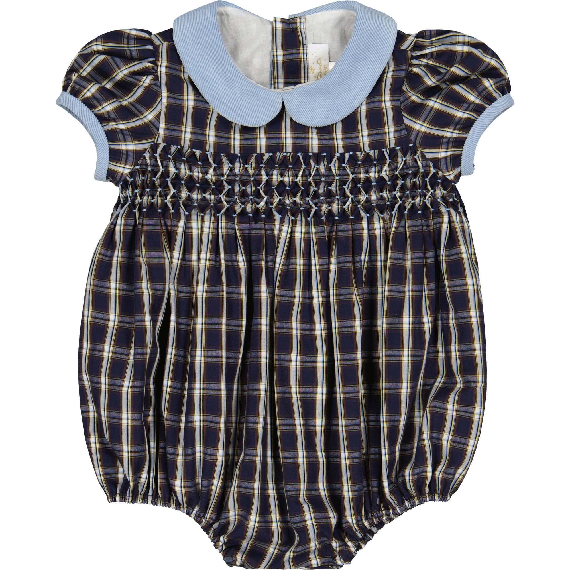 Angelica Short Sleeve Tartan Smocked Bubble, Navy - Rompers - 1