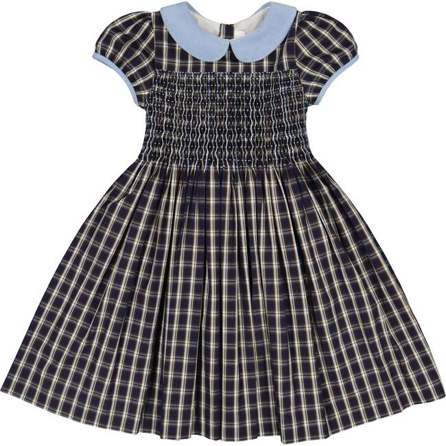 Angelica Short Sleeve Tartan Smocked Dress, Navy - Dresses - 1