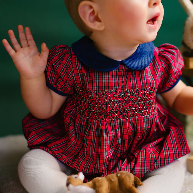 Angelica Short Sleeve Tartan Smocked Bubble, Red - Rompers - 2