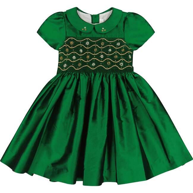 Stella Silk Taffetas Short Sleeve Smocked Dress, Green - Dresses - 1