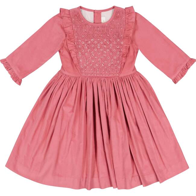 Angele Frilled Long Sleeve Corduroy Smocked Dress, Pink