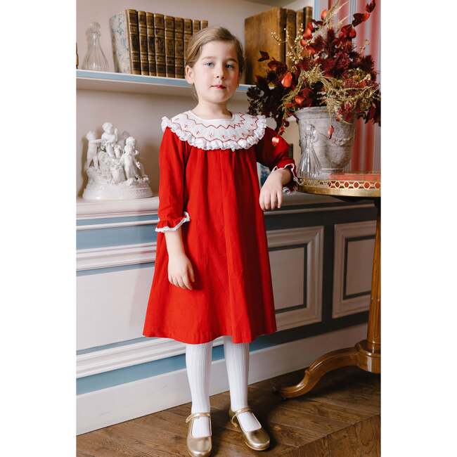 Celeste Long Sleeve Corduroy Bishop Dress, Red - Dresses - 2