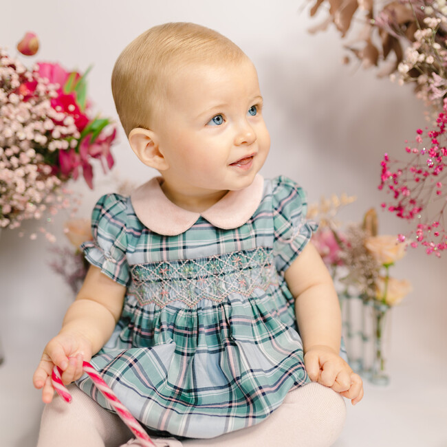 Sherazade Short Sleeve Tartan Bubble, Green & Pink - Rompers - 2