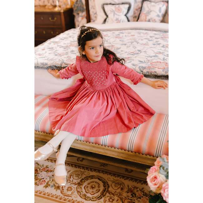 Angele Frilled Long Sleeve Corduroy Smocked Dress, Pink - Dresses - 2