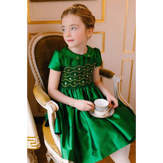 Stella Silk Taffetas Short Sleeve Smocked Dress, Green - Dresses - 2